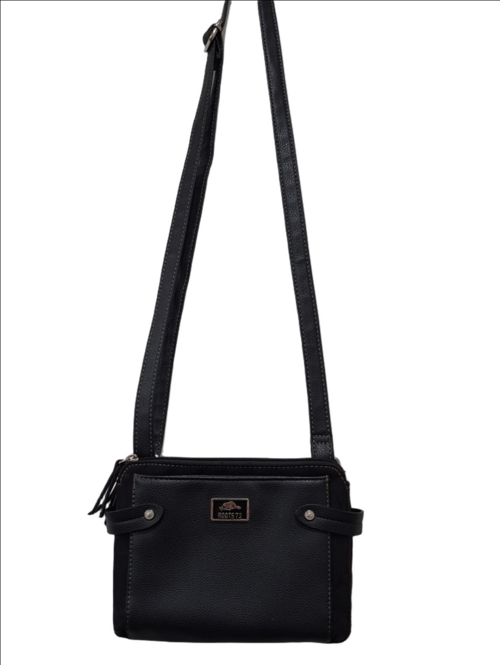 Roots 73 Black Pebbled Vegan Leather Crossbody Bag Triple Zip Multi-Pocket Purse - Picture 2 of 16